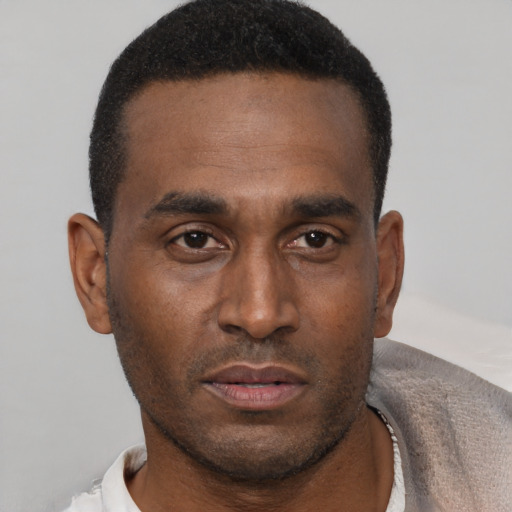 Neutral black young-adult male with short  brown hair and brown eyes