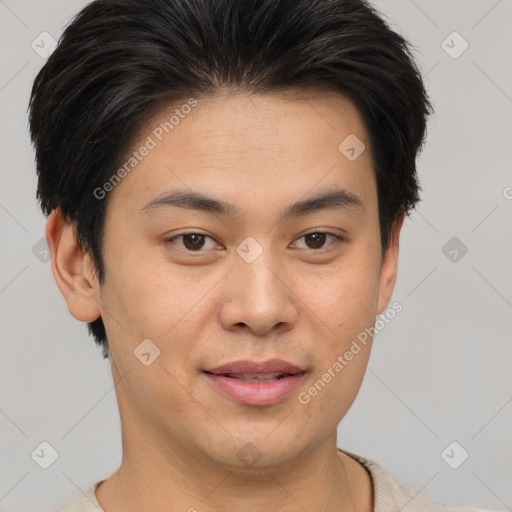 Joyful asian young-adult male with short  brown hair and brown eyes