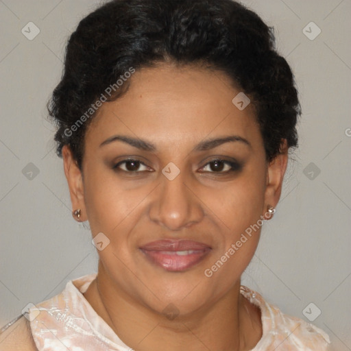 Joyful latino young-adult female with short  brown hair and brown eyes