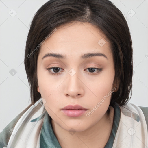 Neutral white young-adult female with medium  brown hair and brown eyes