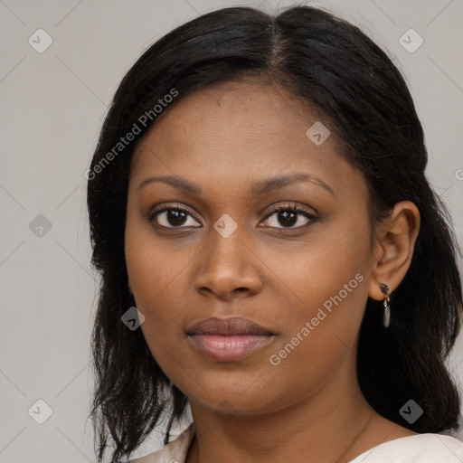 Neutral black young-adult female with medium  brown hair and brown eyes