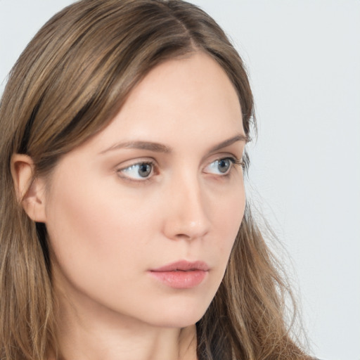 Neutral white young-adult female with long  brown hair and grey eyes