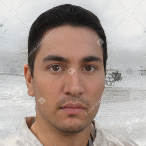 Neutral asian young-adult male with short  black hair and brown eyes