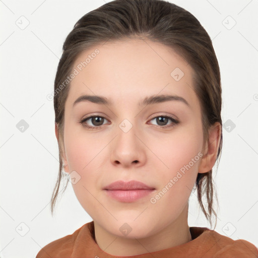 Neutral white young-adult female with medium  brown hair and brown eyes