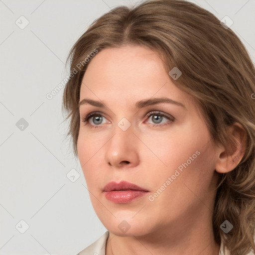 Neutral white young-adult female with medium  brown hair and grey eyes