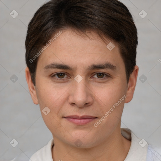 Joyful white young-adult male with short  brown hair and brown eyes