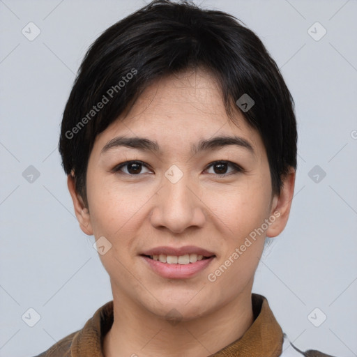 Joyful asian young-adult female with short  black hair and brown eyes