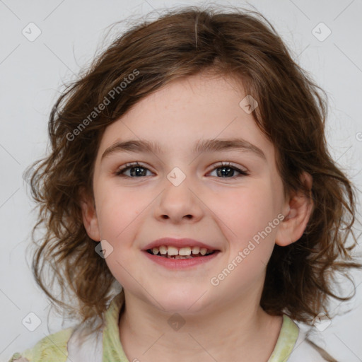 Joyful white child female with medium  brown hair and brown eyes