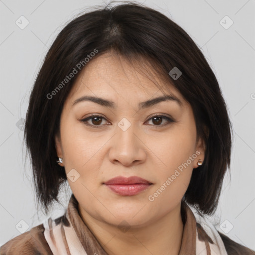 Joyful white young-adult female with medium  brown hair and brown eyes