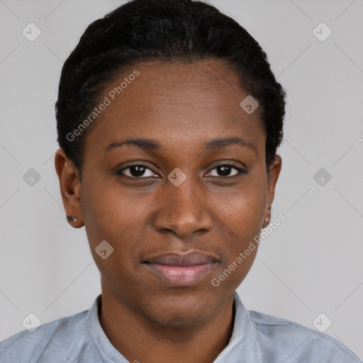 Neutral black young-adult female with short  black hair and brown eyes