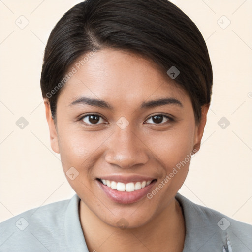 Joyful white young-adult female with short  brown hair and brown eyes