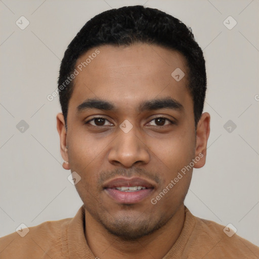 Neutral latino young-adult male with short  black hair and brown eyes
