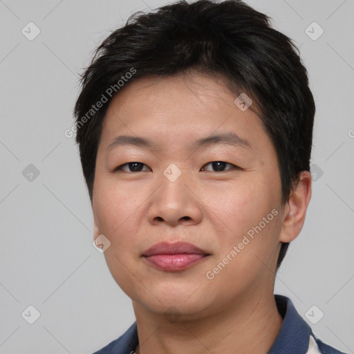 Joyful asian young-adult female with short  brown hair and brown eyes