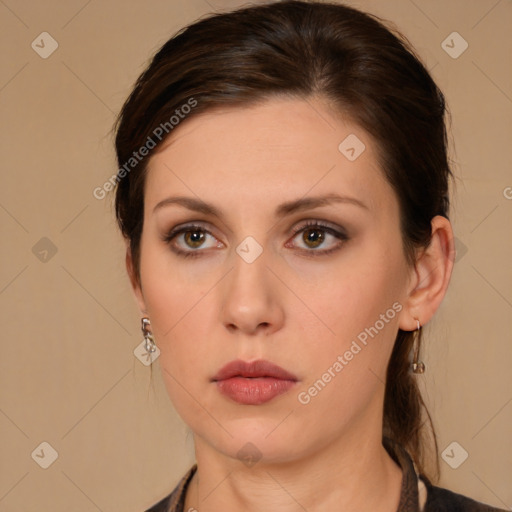 Neutral white young-adult female with long  brown hair and brown eyes