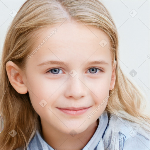 Joyful white child female with medium  brown hair and blue eyes