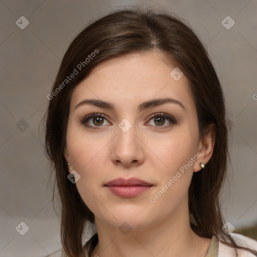 Neutral white young-adult female with medium  brown hair and brown eyes