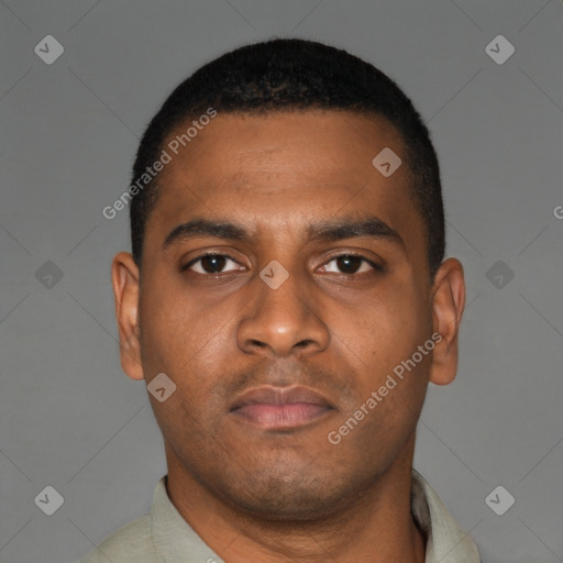 Neutral latino young-adult male with short  brown hair and brown eyes