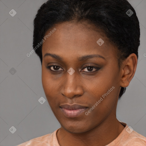 Neutral black young-adult female with short  brown hair and brown eyes