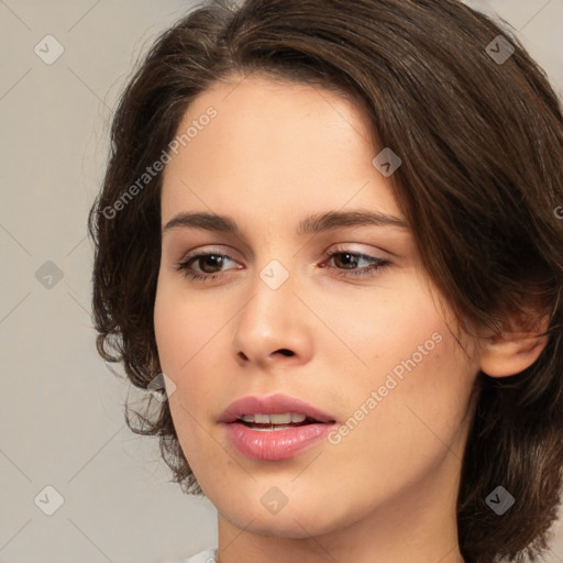 Neutral white young-adult female with medium  brown hair and brown eyes