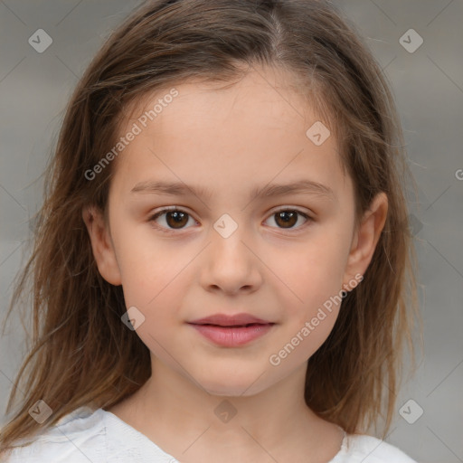 Joyful white child female with medium  brown hair and brown eyes