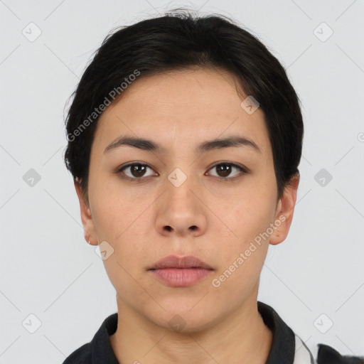 Neutral asian young-adult female with short  black hair and brown eyes