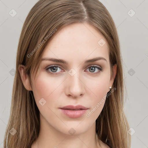 Neutral white young-adult female with long  brown hair and grey eyes