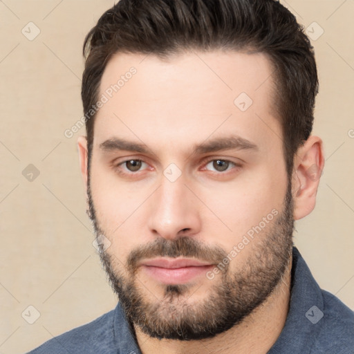 Neutral white young-adult male with short  brown hair and brown eyes