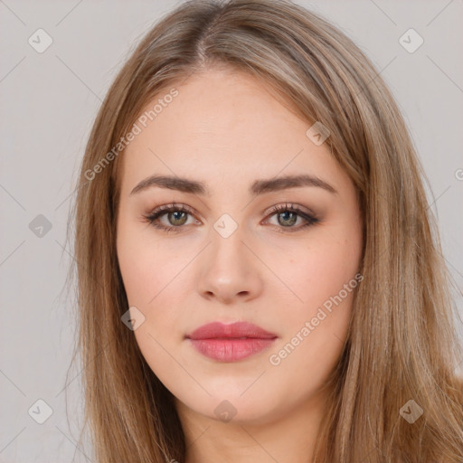 Neutral white young-adult female with long  brown hair and brown eyes