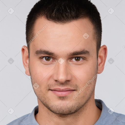 Neutral white young-adult male with short  brown hair and brown eyes