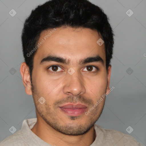 Neutral latino young-adult male with short  black hair and brown eyes