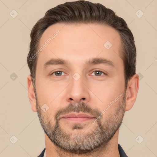 Neutral white adult male with short  brown hair and brown eyes