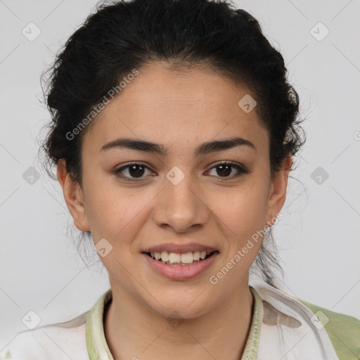 Joyful latino young-adult female with short  brown hair and brown eyes