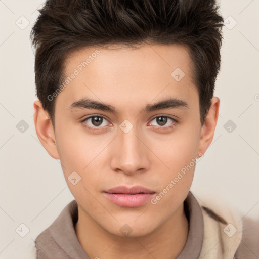 Neutral white young-adult male with short  brown hair and brown eyes