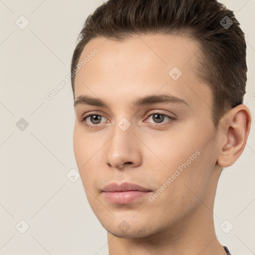 Neutral white young-adult male with short  brown hair and brown eyes