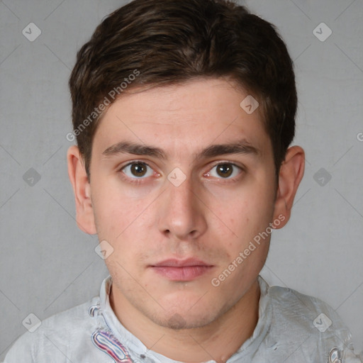 Neutral white young-adult male with short  brown hair and brown eyes