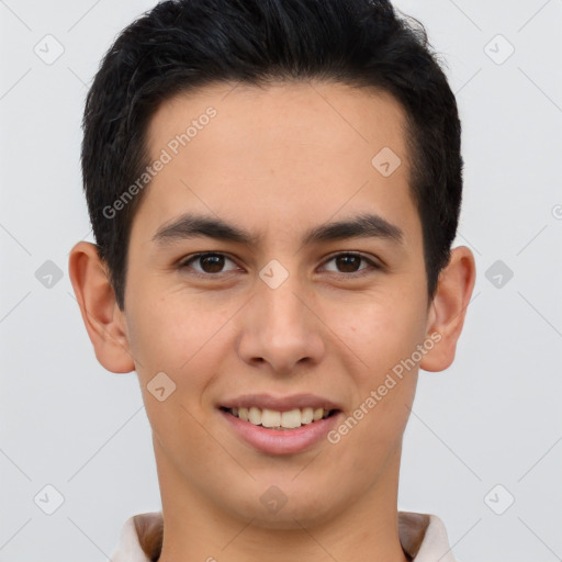 Joyful latino young-adult male with short  brown hair and brown eyes