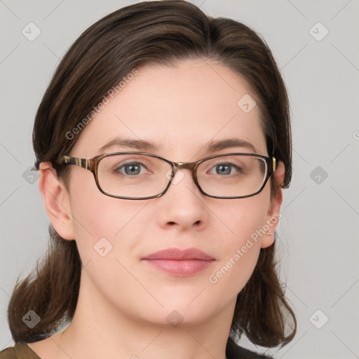 Neutral white young-adult female with medium  brown hair and grey eyes