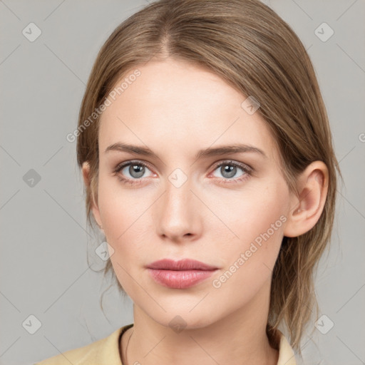 Neutral white young-adult female with medium  brown hair and grey eyes