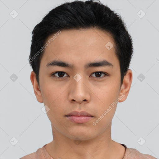 Neutral asian young-adult male with short  black hair and brown eyes