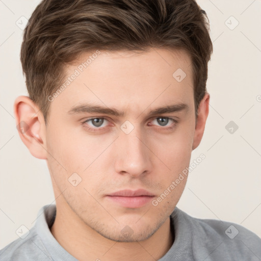 Neutral white young-adult male with short  brown hair and grey eyes