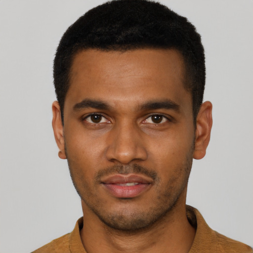 Joyful black young-adult male with short  brown hair and brown eyes