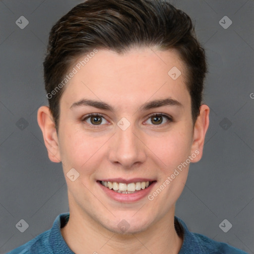 Joyful white young-adult female with short  brown hair and brown eyes