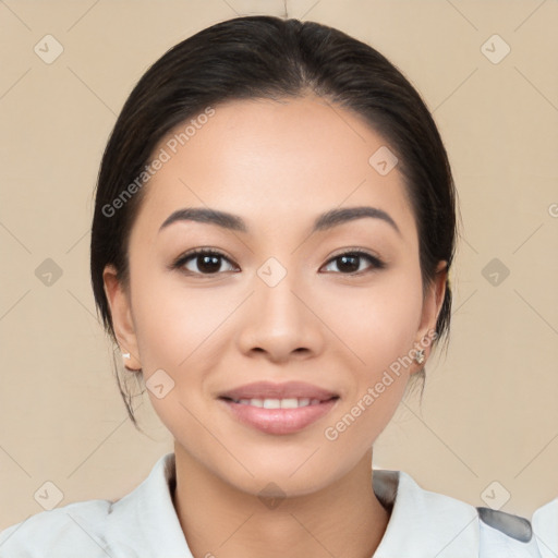 Joyful white young-adult female with medium  black hair and brown eyes