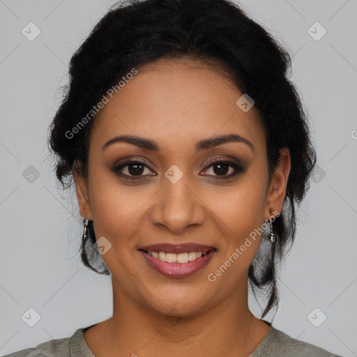 Joyful latino young-adult female with medium  black hair and brown eyes