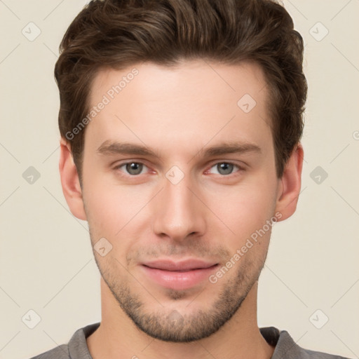 Neutral white young-adult male with short  brown hair and brown eyes