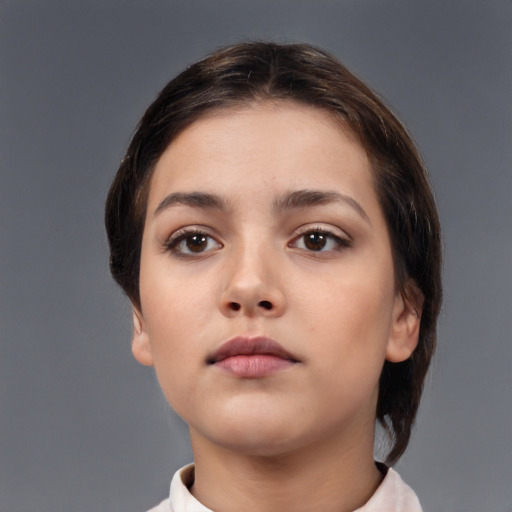 Neutral white young-adult female with short  brown hair and brown eyes