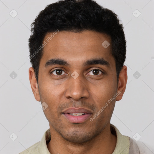 Neutral latino young-adult male with short  black hair and brown eyes