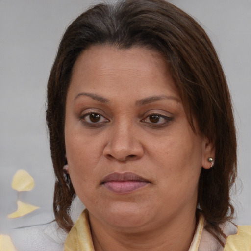 Joyful latino adult female with medium  brown hair and brown eyes