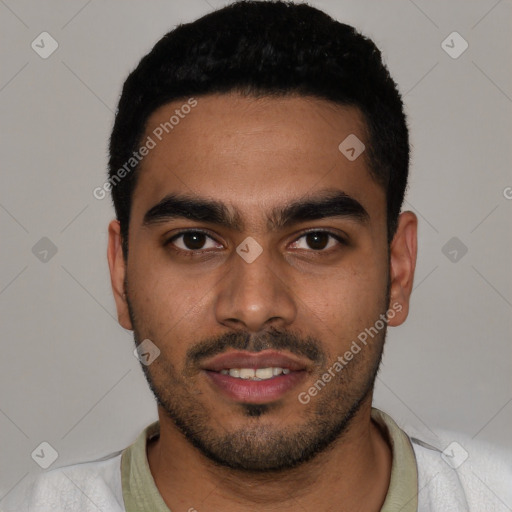 Neutral latino young-adult male with short  black hair and brown eyes