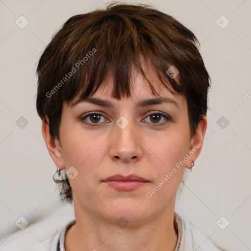 Neutral white young-adult female with medium  brown hair and brown eyes